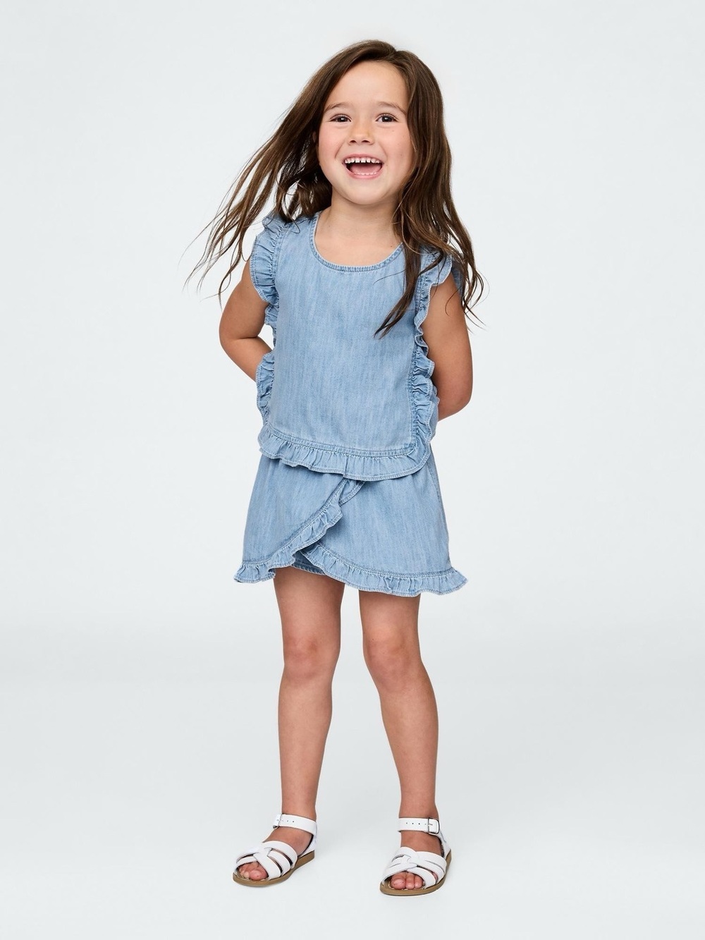 Light Blue Ruffle Chambray Girls Dress
